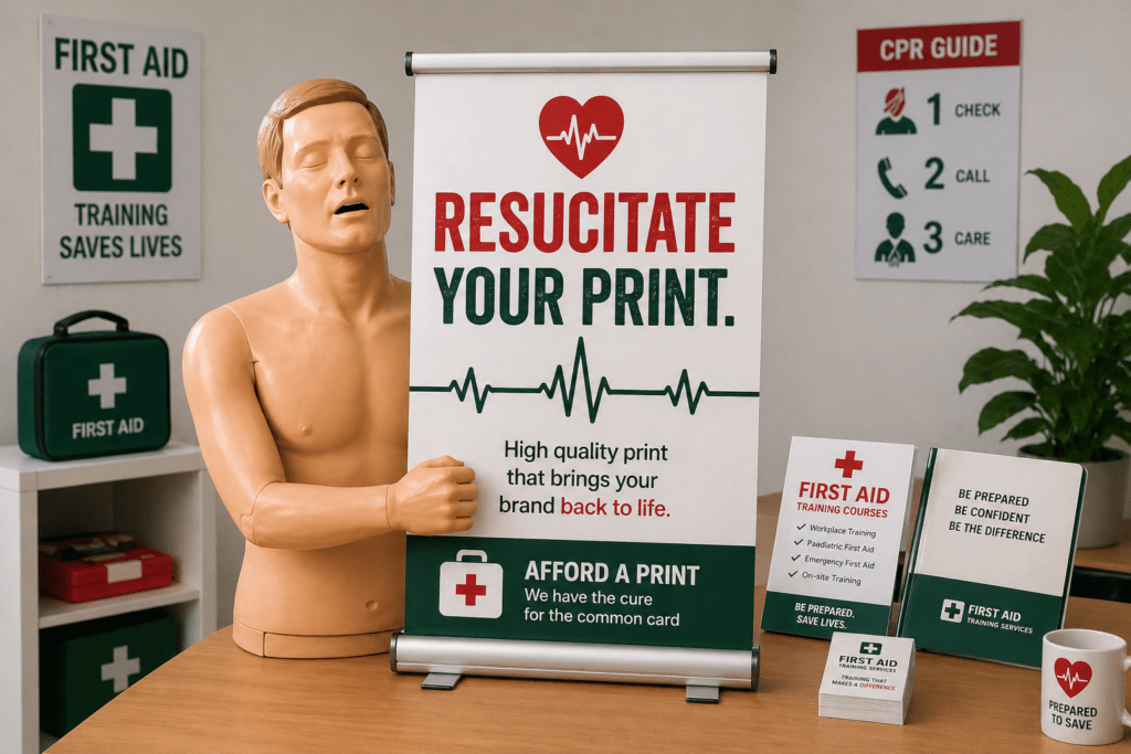 A first aid resuscitation dummy holding a roller banner saying "Resuscitate your print".