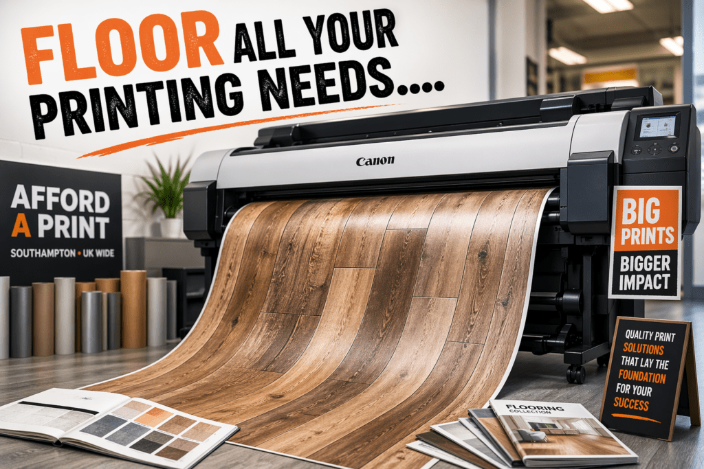 Laminate flooring appearing to come out of printer with the text "Floor all your printing needs"