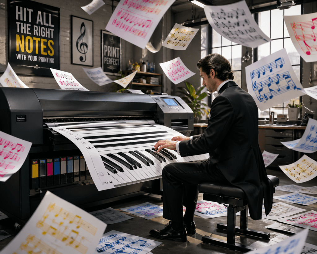 Man in suit sitting in front of a piano which is printing out music sheet music