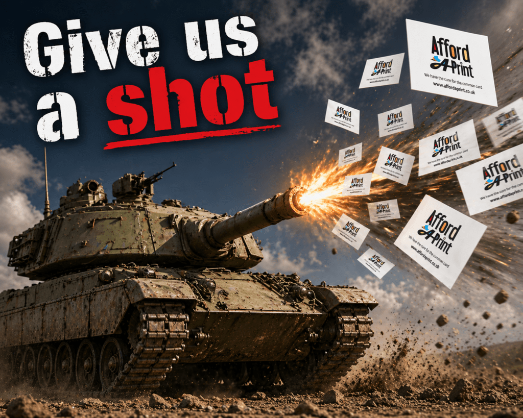 Military tank shooting out Afford A Print business cards, with tagline "Give us a shot"