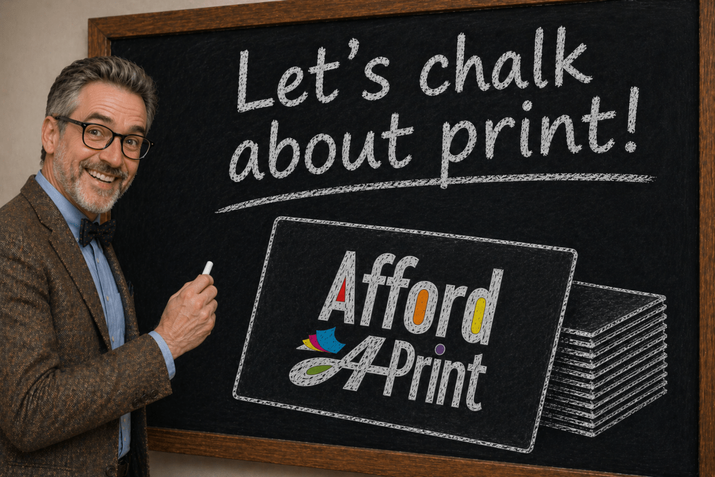 A tutor in a classroom stood infront of a chalk board saying "Let's chalk about print!" with an Afford A Print business card in the bottom of the image